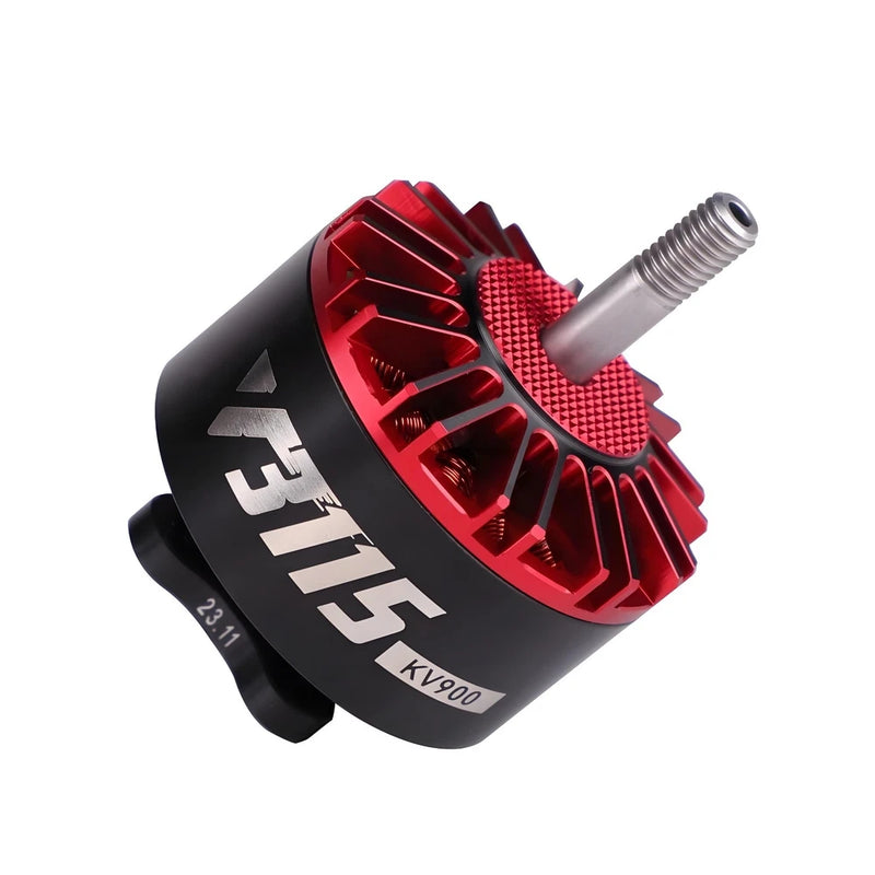 Brushless RC drone motor with red anodized housing and silver threaded shaft