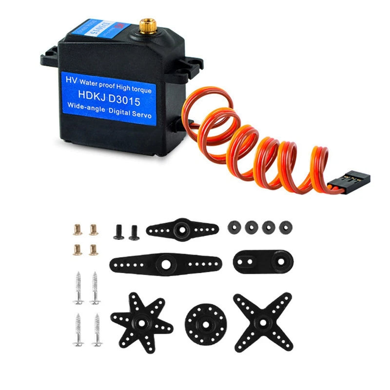 Waterproof digital servo with orange wiring and mounting brackets, RC steering