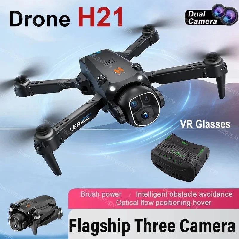 Black quadcopter drone with dual cameras, remote controller and VR glasses