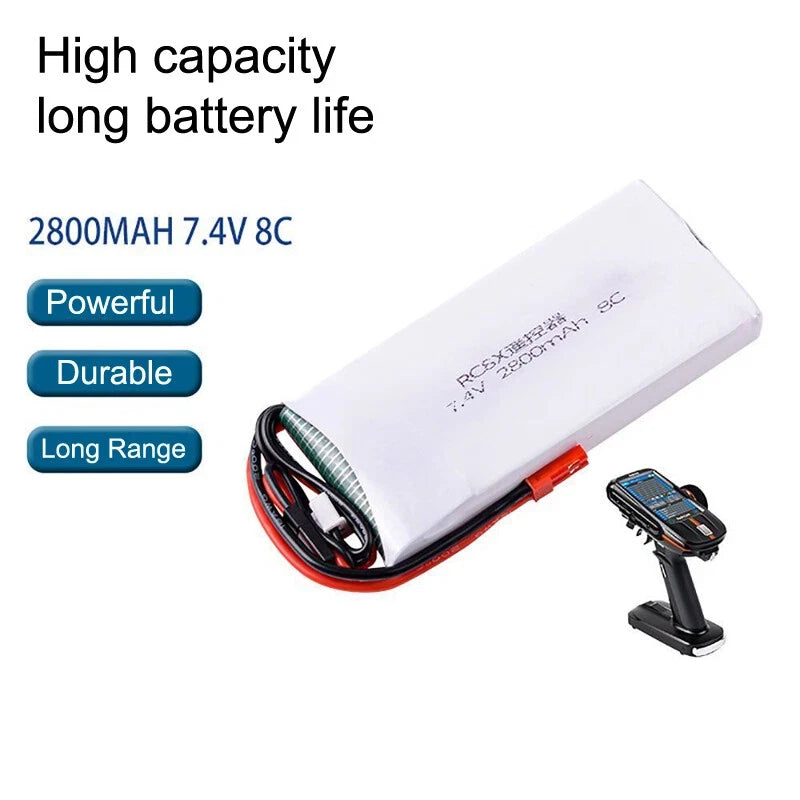 7.4V 2800mAh 2S LiPo RC battery pack, white case with red/black lead and plug