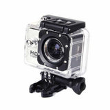 Waterproof action camera in clear case with black mount and wide-angle lens