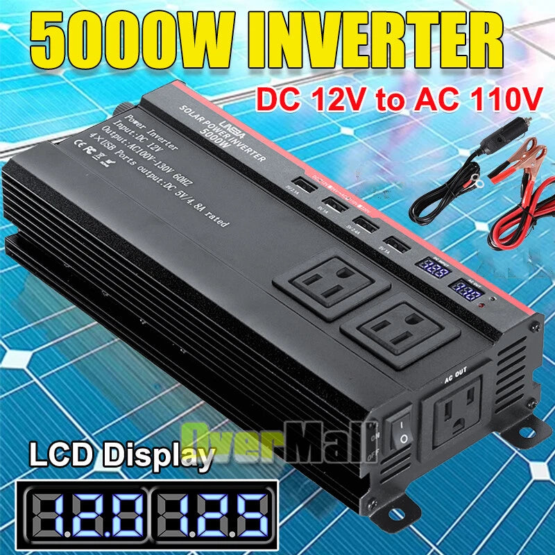 Car Power Inverter 5000W DC 12V To AC 110V Sine Wave Solar Converter 4 USB, 3 AC