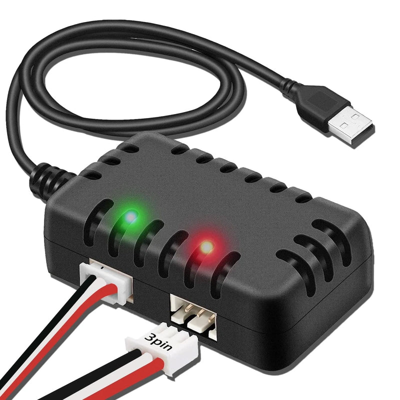 Black 7.4V LiPo balance battery charger with USB cable and green/red LED indicators