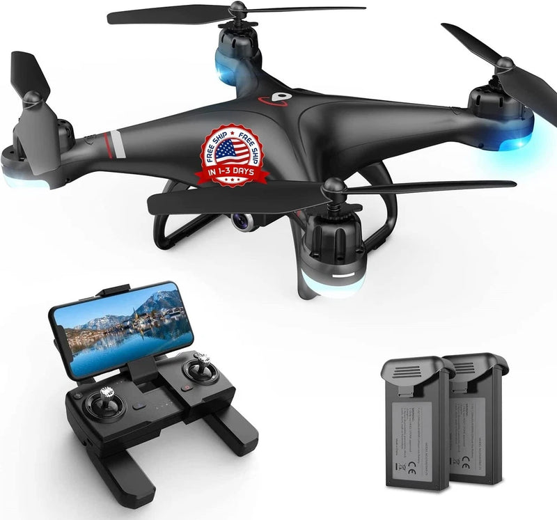 FPV RC drone with camera and blue LED lights, plus remote controller and battery set