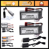 2-pack 11.1V LiPo batteries with T-plug and USB charger cables, black/red connectors