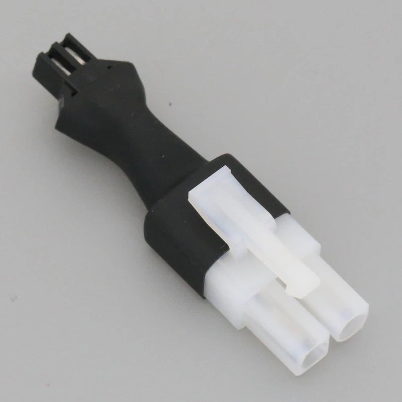 RC battery connector adapter with Tamiya female port, black housing and white terminals