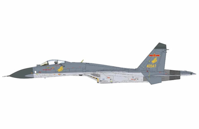 1:72 grey fighter jet model with red tail insignia and detailed markings