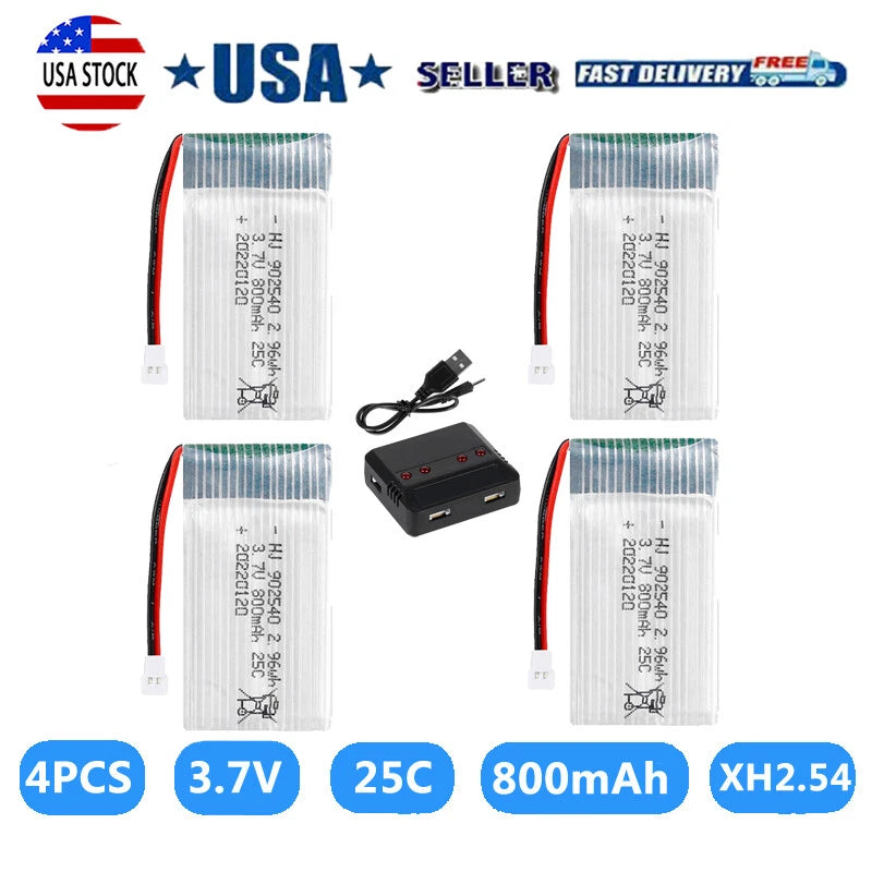 4pcs + Charger - LiPo Drone Battery 3.7V 800mAh 25C 902540 XH2.54 Plug