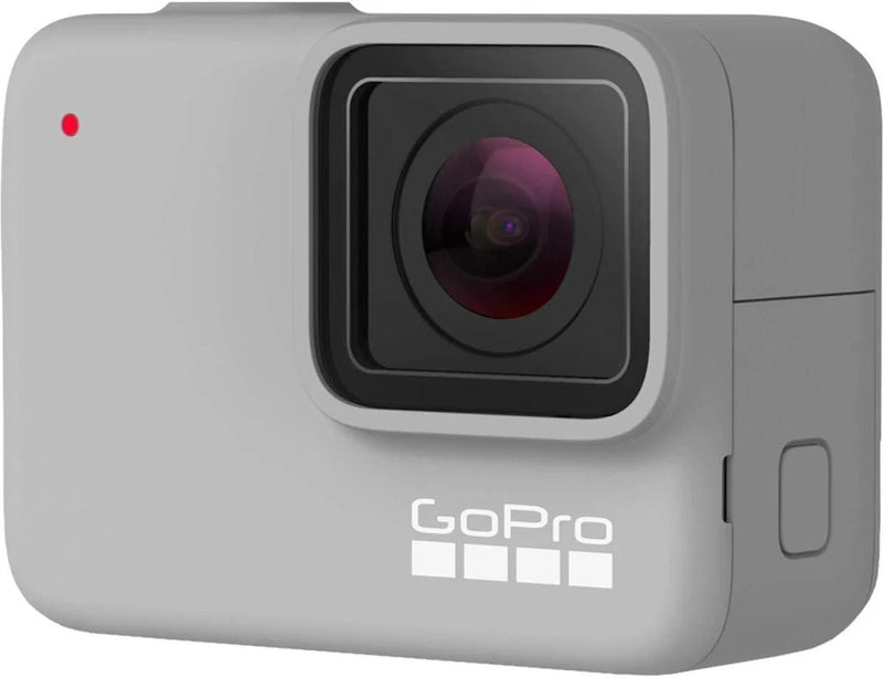 GoPro action camera in white with black front lens and GoPro logo