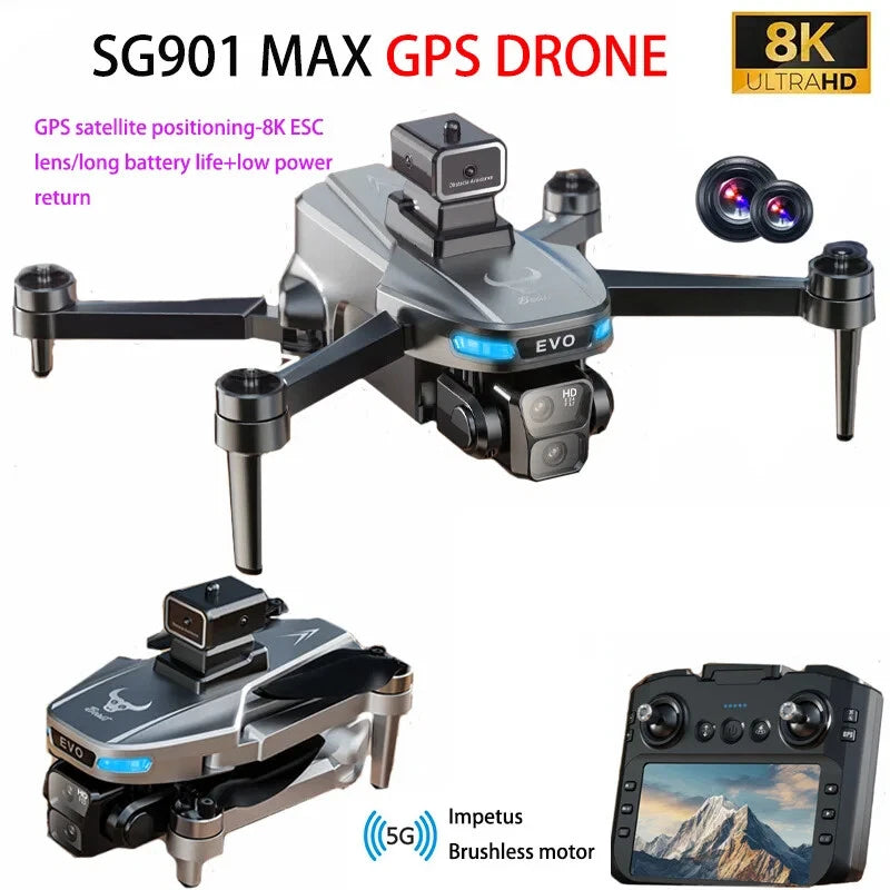 Gray foldable GPS drone with dual 8K cameras and controller screen, four rotors