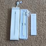 White battery-powered stylus, boxed with instruction sheet