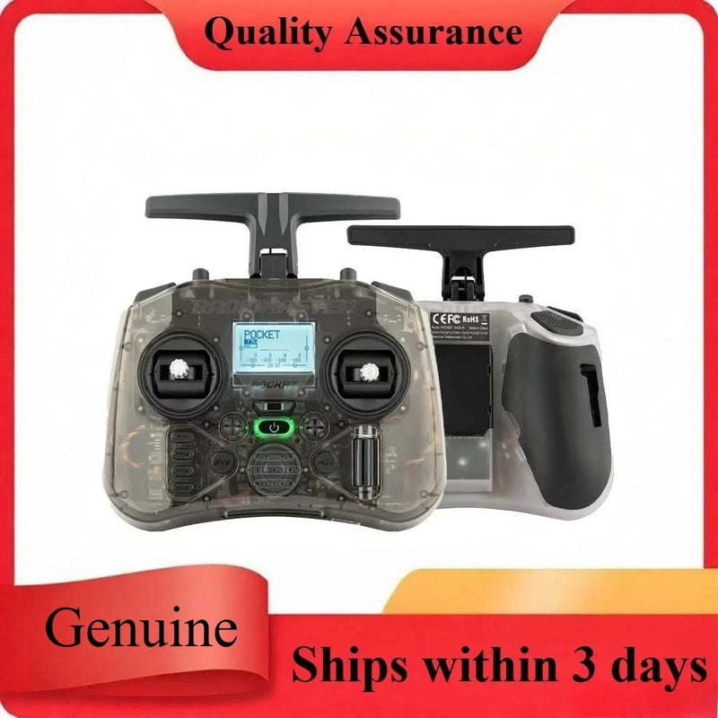 Black portable RC radio controller with LCD screen and two control sticks