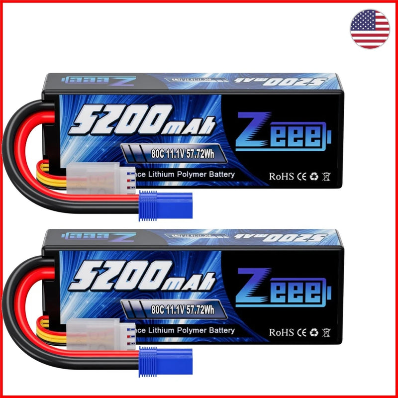 2 Pack of 11.1V 5200mAh 80C Lipo Batteries with EC5 Connector for RC Vehicles Battery