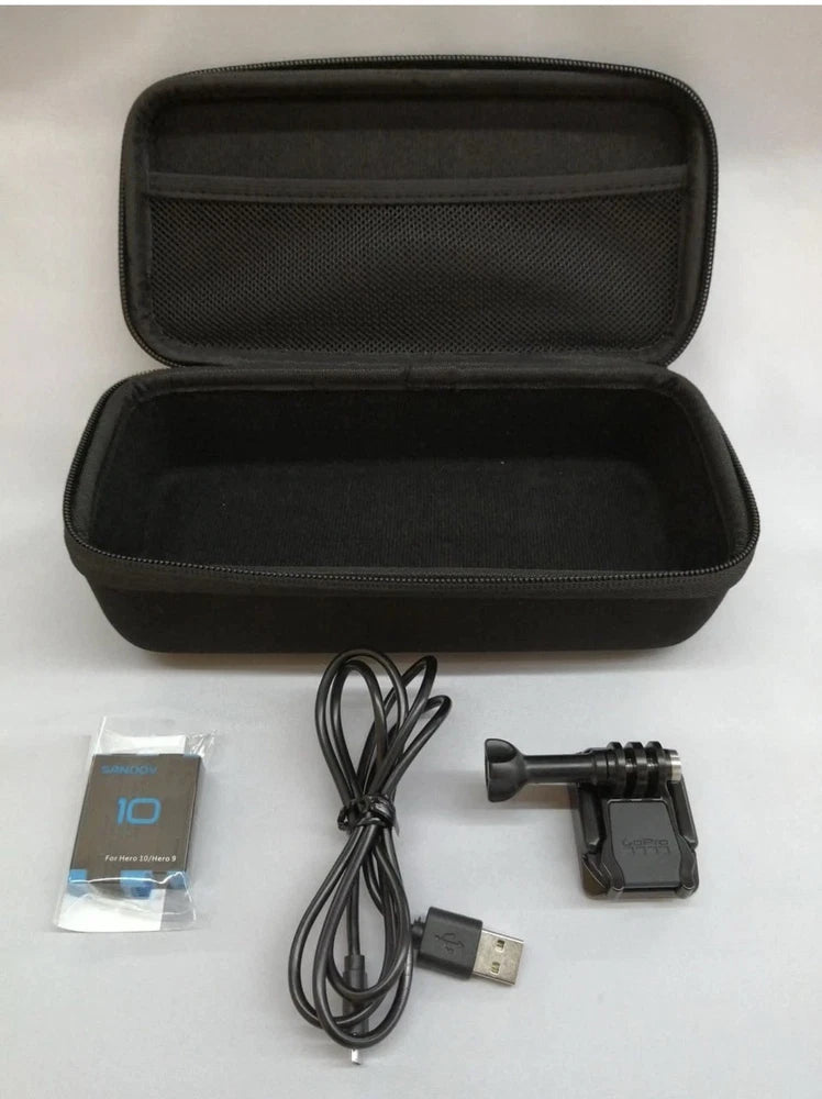 GoPro action camera carrying case with USB cable and mounting bracket