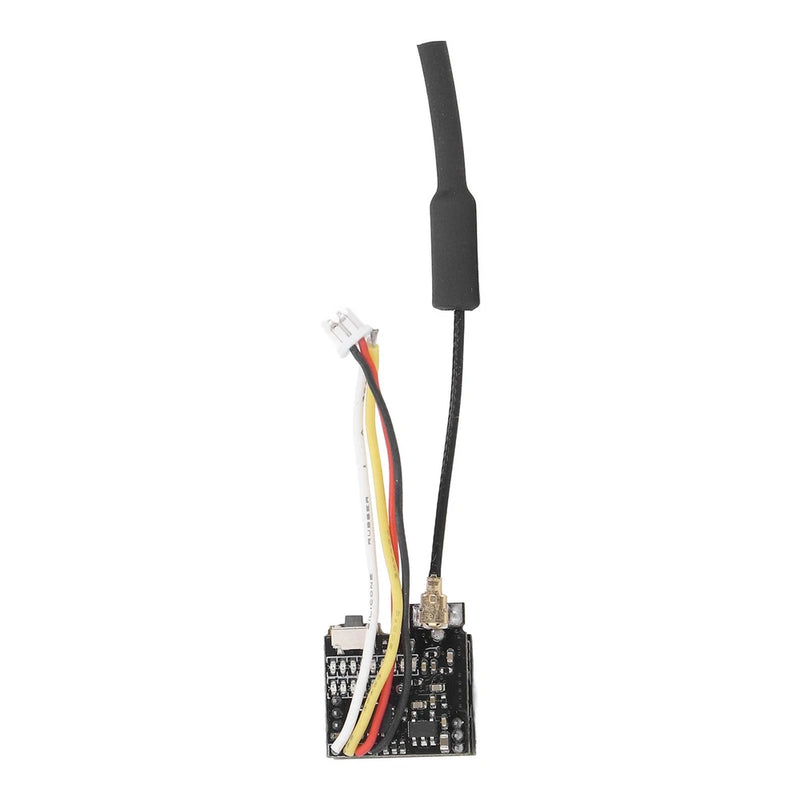 Mini FPV camera module with black PCB and attached multicolor wires