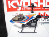 RC helicopter model with blue orange white fuselage and black landing skids