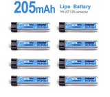 Set of eight 205mAh LiPo batteries with JST 1.25 connectors, labeled BETAFPV