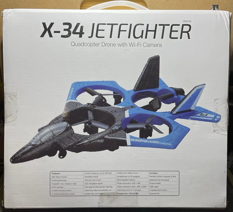 Blue and black quadcopter jet-style drone with propellers, on retail box
