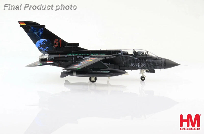 Black and gray fighter jet model with blue and red Tiger Meet markings, front view