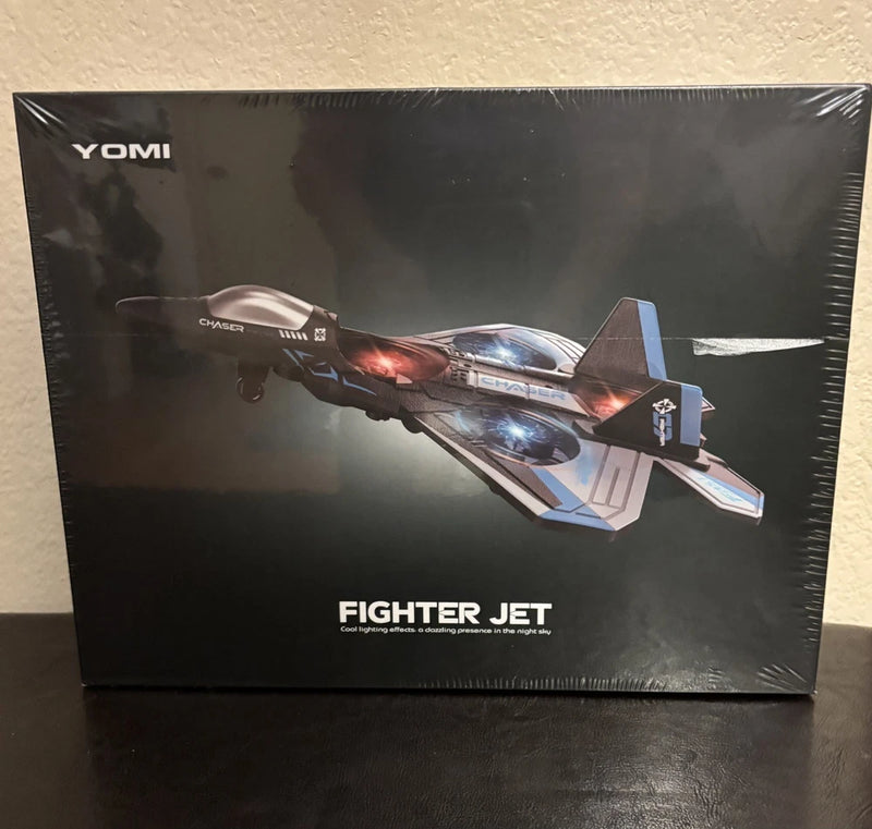 YOMI light-up fighter jet drone, sealed box with illustrated jet on black packaging