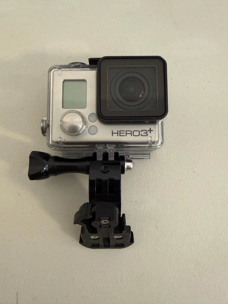 GoPro HERO3+ action camera in clear housing with LCD screen and mount bracket