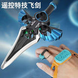 Sword-shaped flying drone with blue accents and handheld teal remote controller