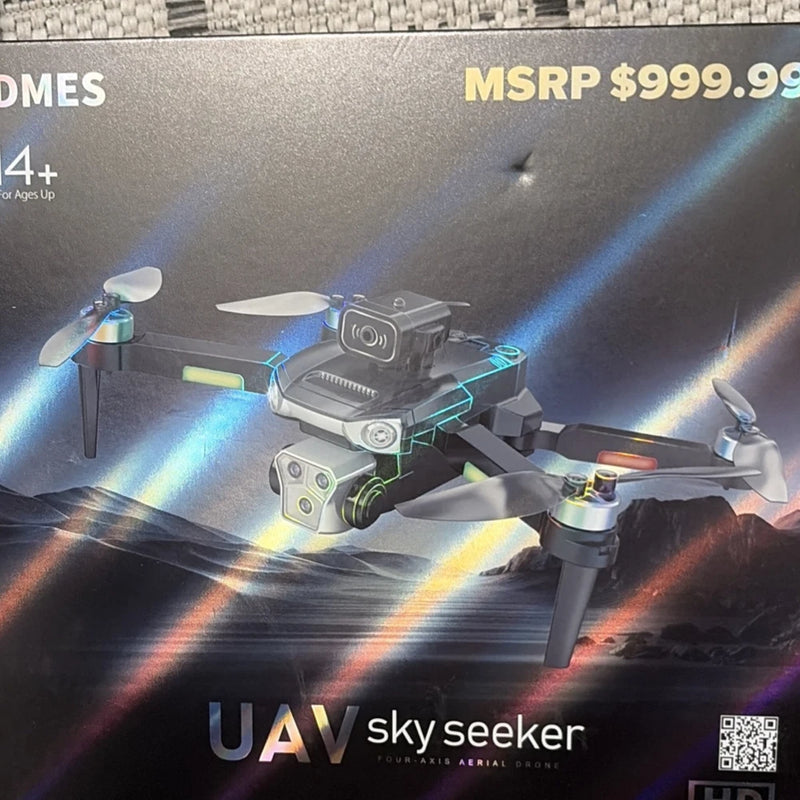 White quadcopter drone with dual-lens camera and four propellers