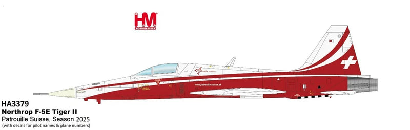 Hobby Master F-5E fighter jet model, red and white Swiss markings, side profile