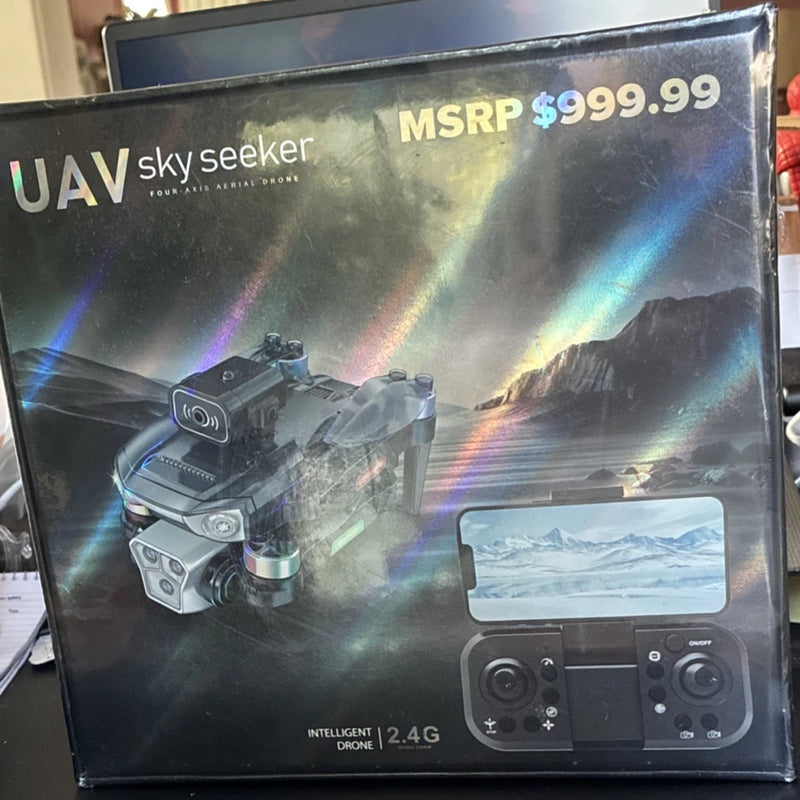 Sky Seeker drone box with dual-lens HD camera illustration and 2.4G controller