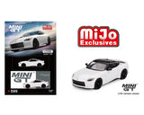 White LHD sports car die-cast model with black wheels, front 3/4 view