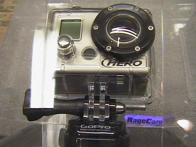 GoPro HD helmet camera in clear housing with wide-angle lens and mounting bracket