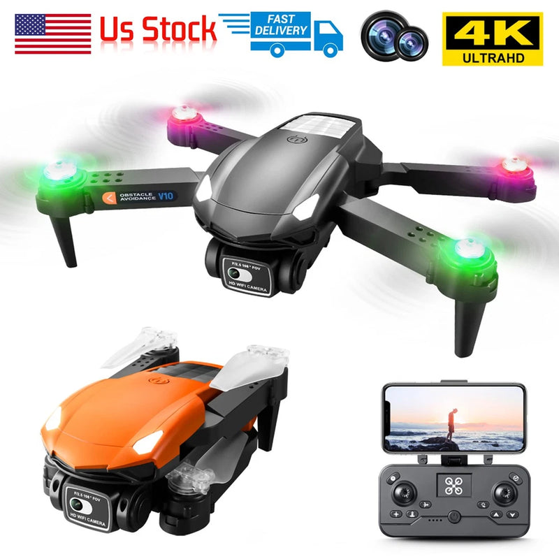 Foldable quadcopter drone with dual HD camera, orange-gray body, shown with remote