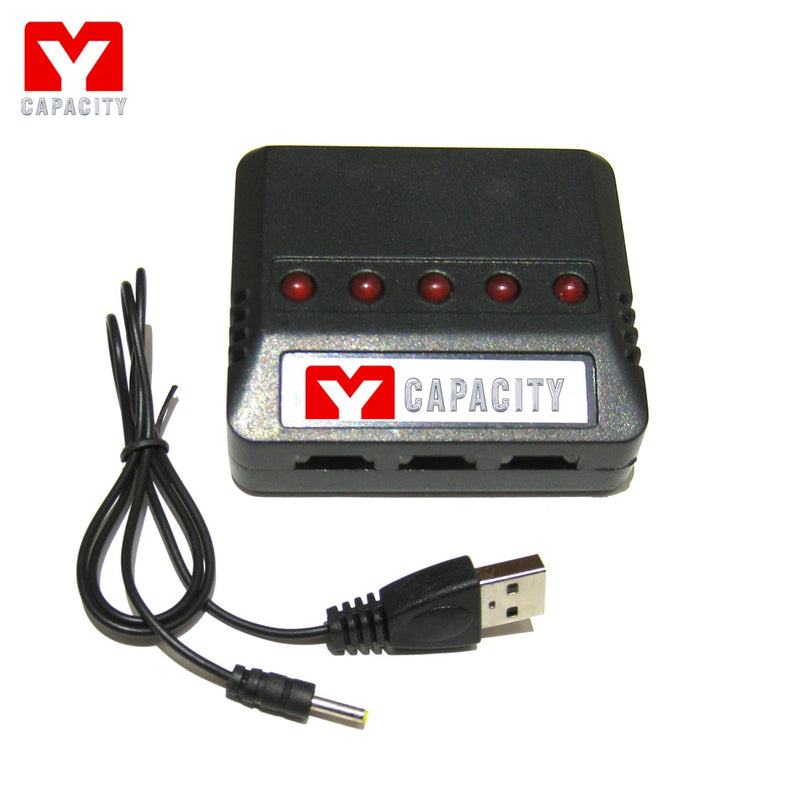 Black 5-port battery charger with five red LED indicators and USB and DC cables