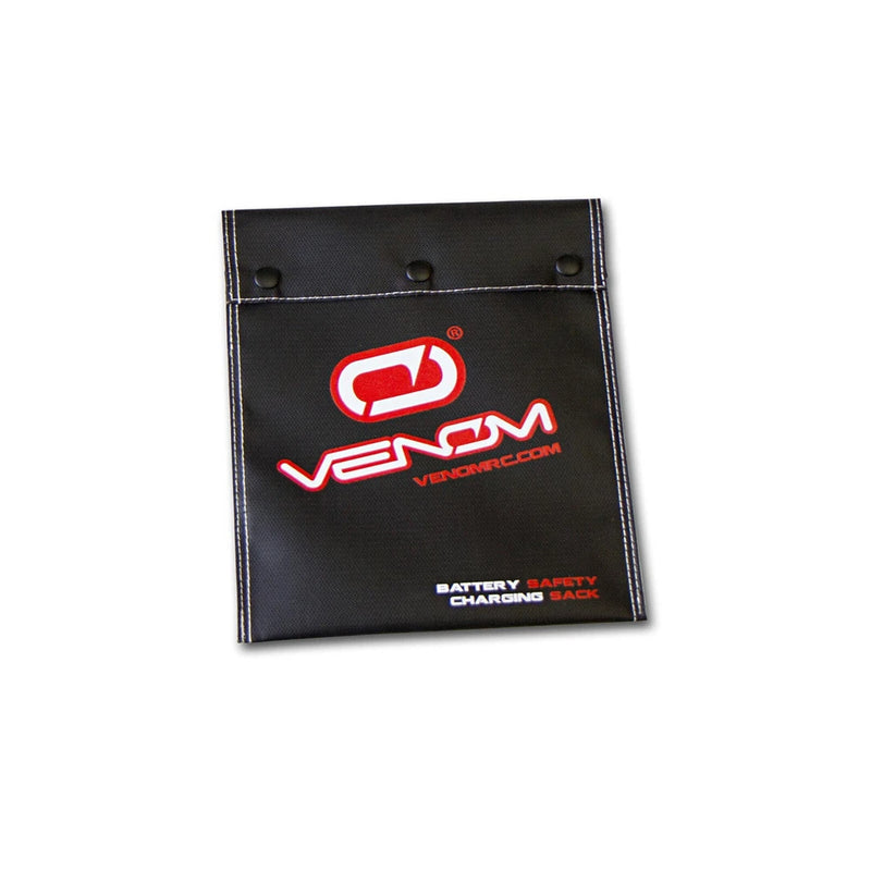 Small battery safety charge sack, black fabric with Venom logo and top eyelets