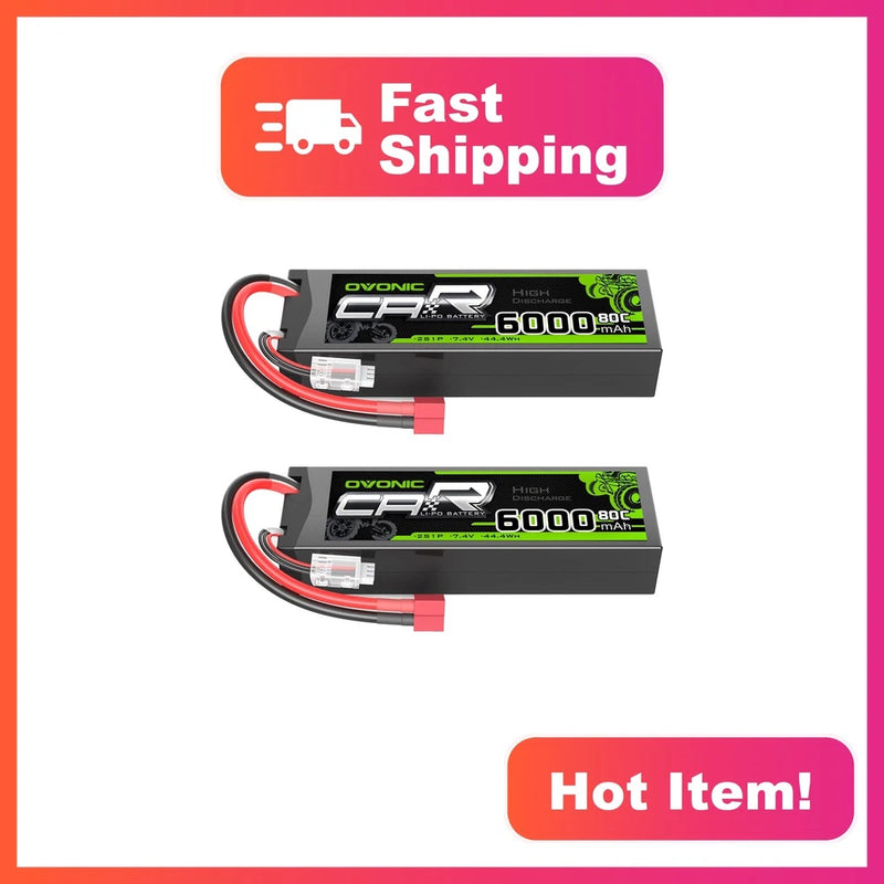 OVONIC 2S 6000mAh 80C 7.4V LiPo Hardcase Battery T-Connector 2pk Battery