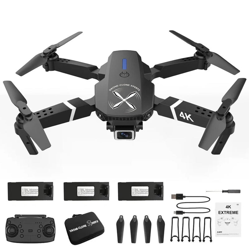 4K quadcopter drone kit with controller, spare props and accessories, black