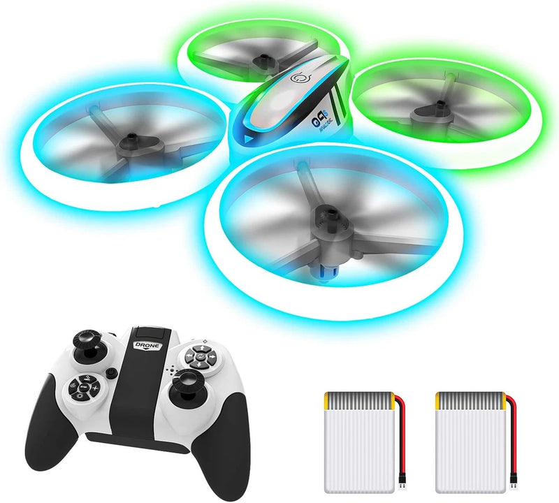 Kids RC quadcopter drone with black controller and two rechargeable battery packs