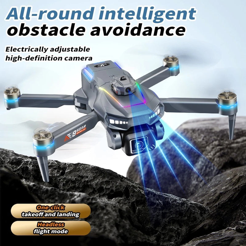 Foldable quadcopter drone with front camera and blue LED navigation lights