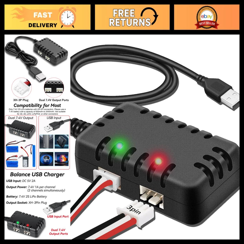 7.4V Lipo Battery Charger for RC Cars, Drones & Boats - 2-in-1 USB Balance Charg Battery