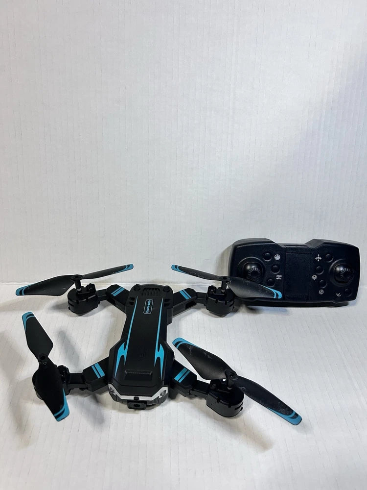 Quadcopter drone with blue and black arms, front camera housing, four propellers