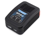 Compact black LiPo balance charger for 2-3S, with vented casing and indicator label