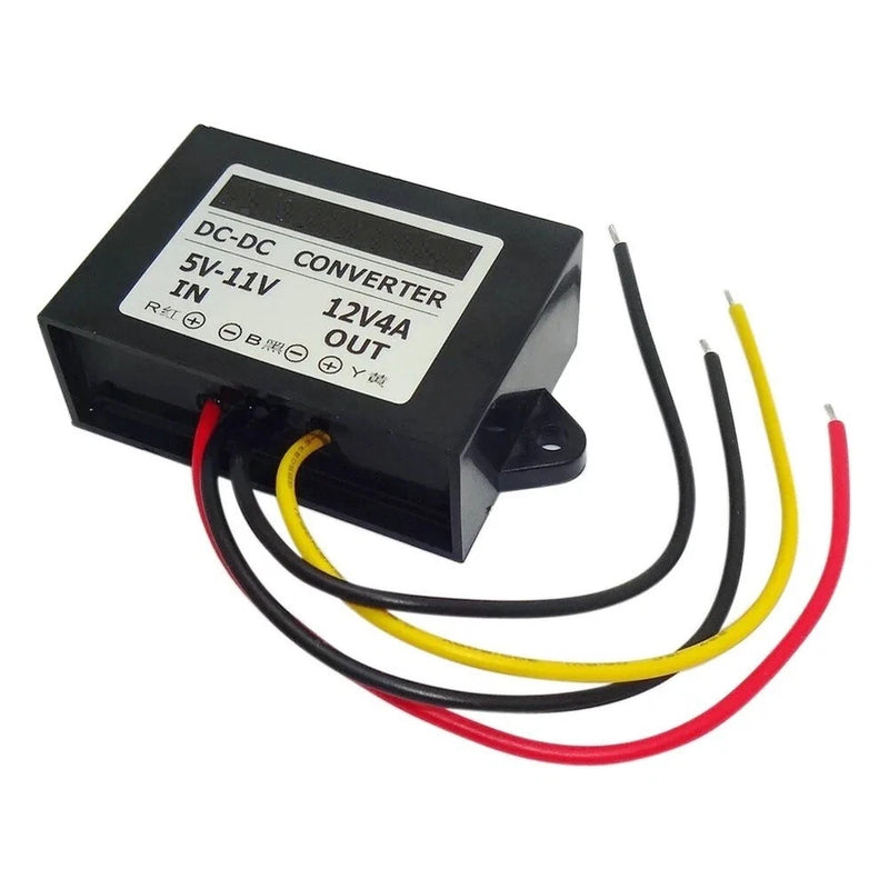 DC step-up converter module with wiring harness, black casing, mounting tab, input/output label