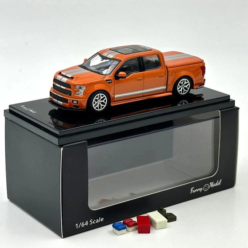 Funny Model 1/64 F150 Shelby Super Snake Pickup Orange Silver Stripes Diecast