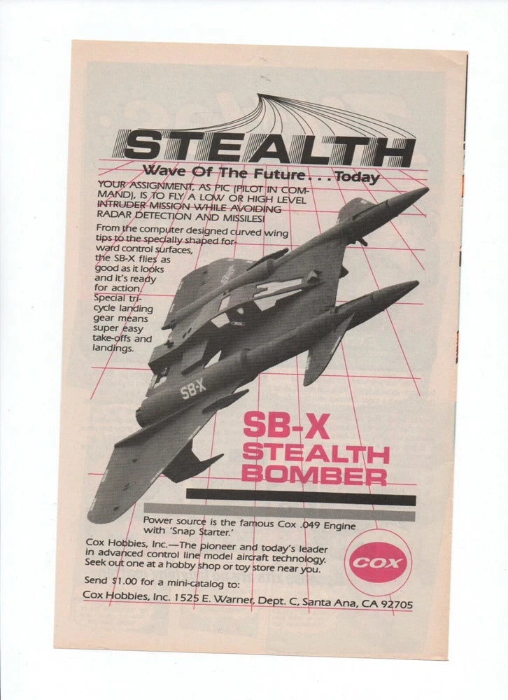 Vintage print ad featuring stealth bomber aircraft illustration with headline SB-X and Cox