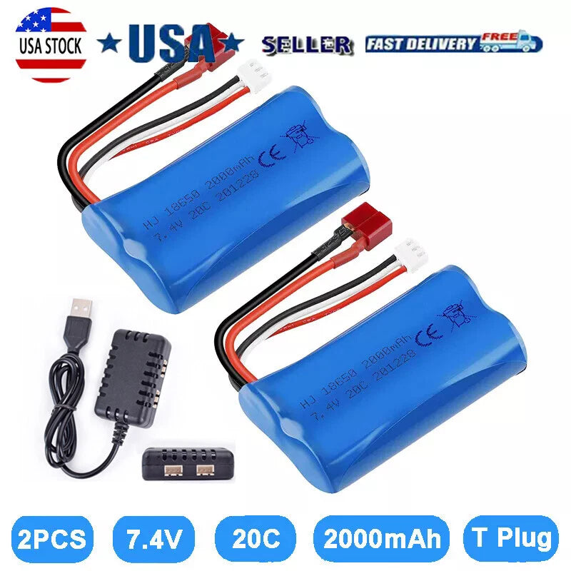 2Pcs Li-ion 2000mAh 7.4V Battery T Plug w/ USB Charger for RC Car Off Road Truck