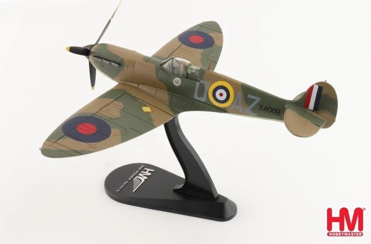 Camouflaged Spitfire Mk.1a scale model with RAF roundels on black display stand