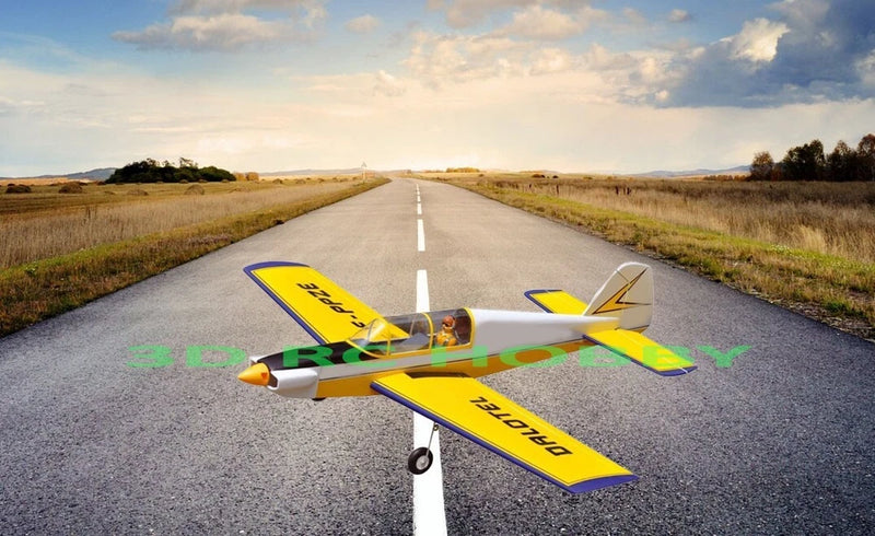 Yellow and green RC airplane with four-blade prop, 3D wing design on landing gear