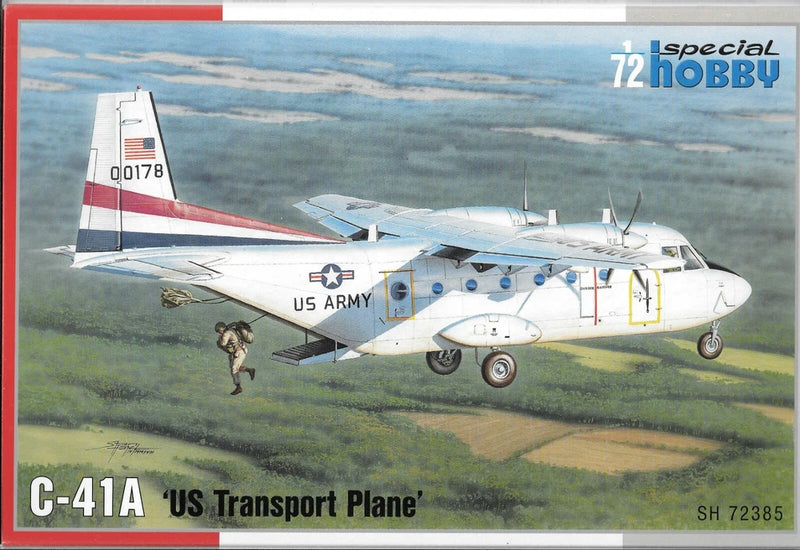 1/72 scale C-41A US transport plane model kit box art with aircraft side view