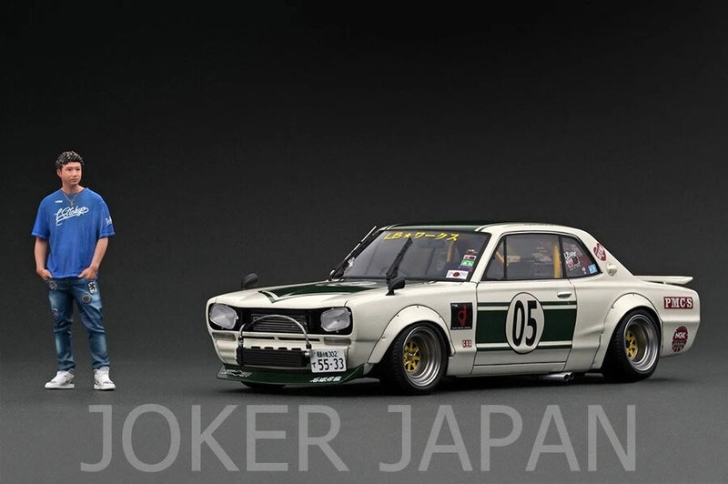 1/18 scale JDM model car in white with green accents, front 3/4 view