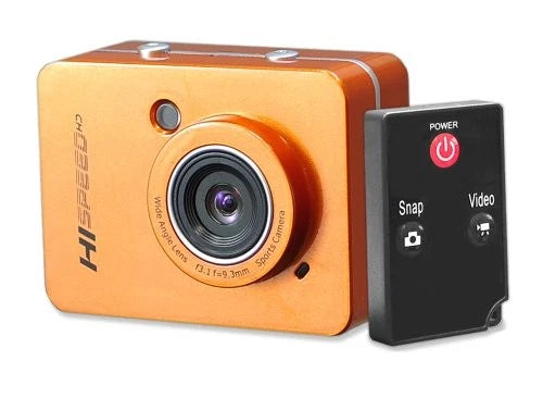 Orange digital action camera camcorder with front lens and black control buttons